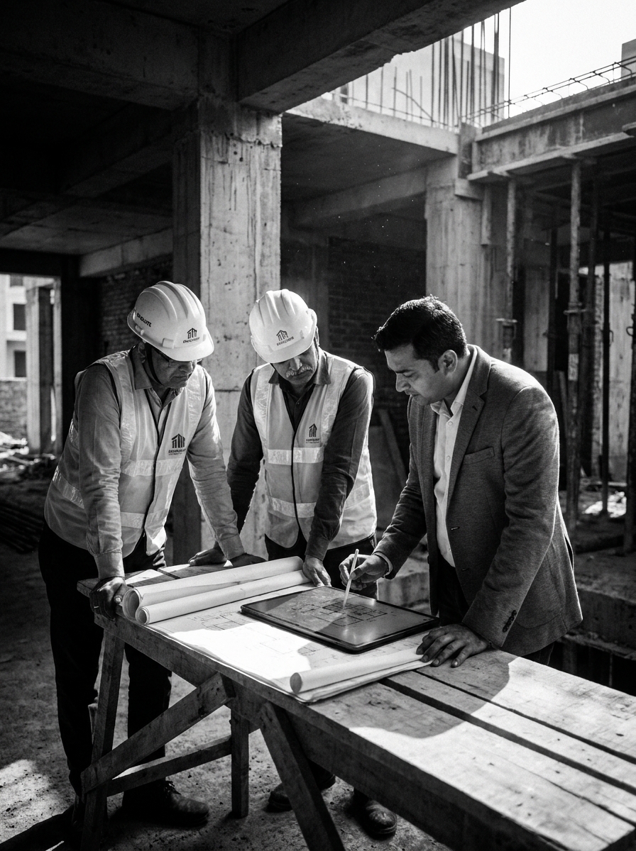 Technical PMC project management engineers and NRI client reviewing construction blueprints
