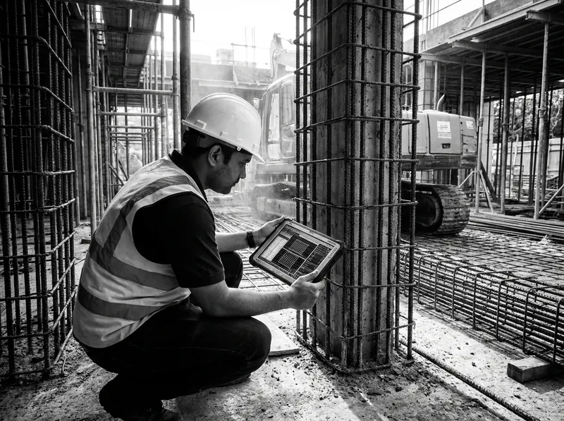RECONPRO civil engineer inspecting a column rebar cage on site